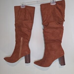 Cognac Faux Suede Slouch Boots Womens Pointed Toe Block Heel Tall Brown Fashion‎